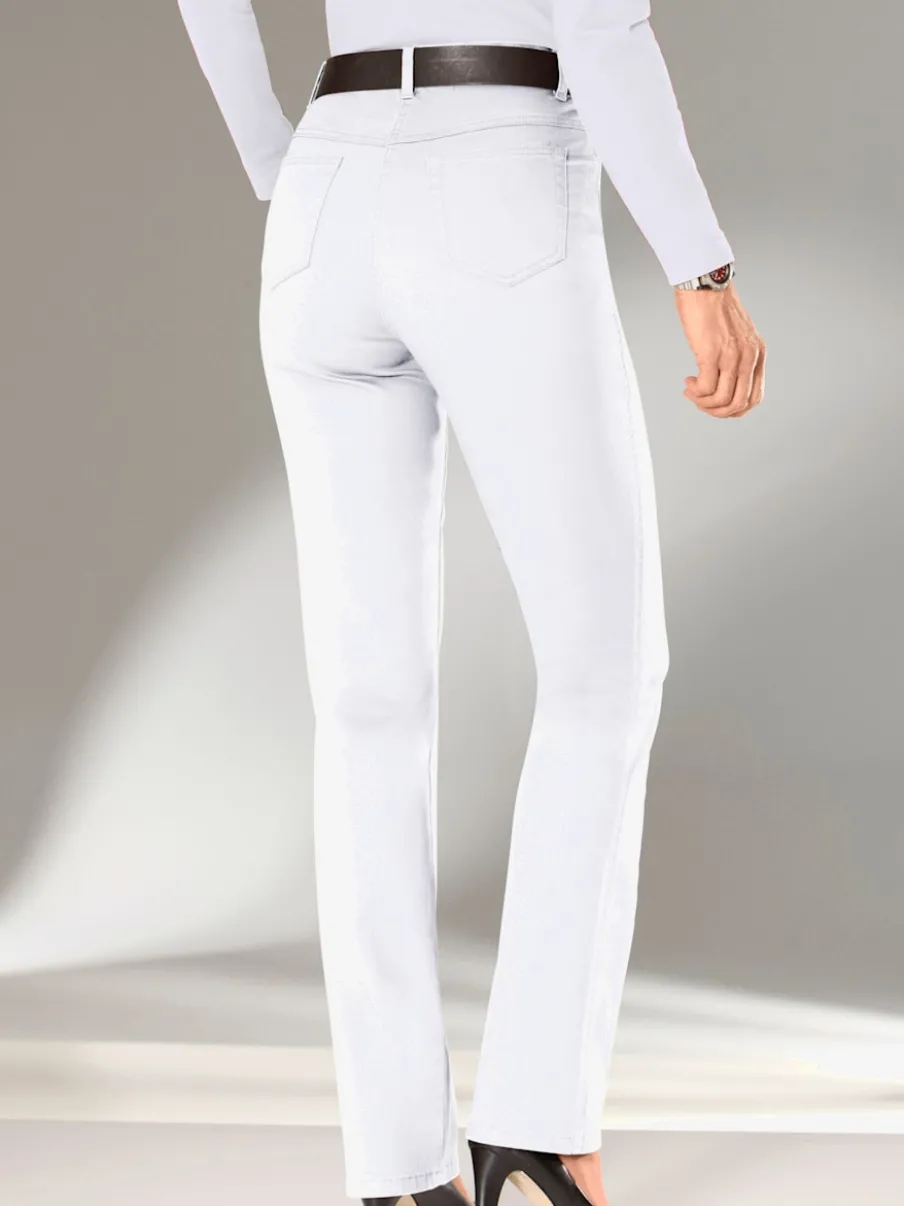 Jean femme coupe droite taille haute poches zippées