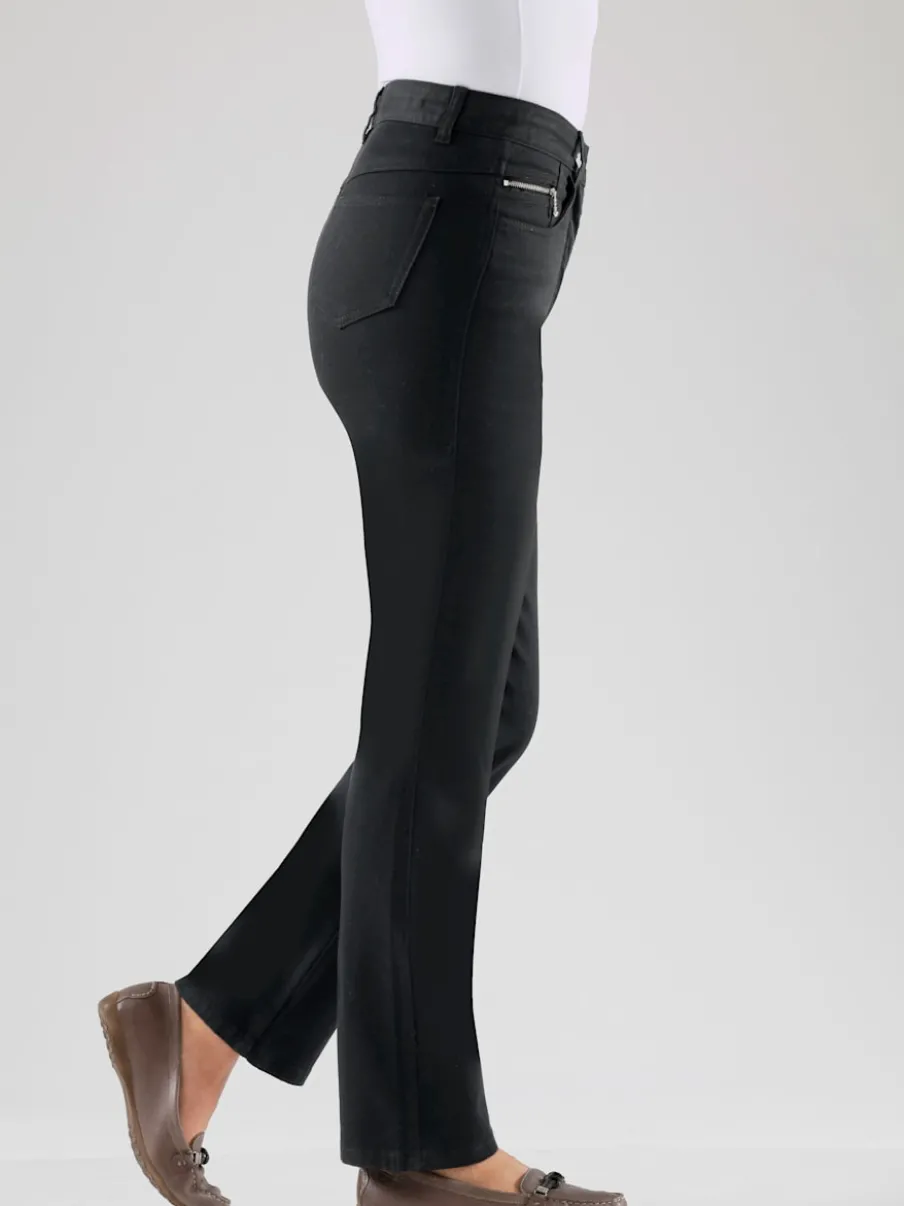 Jean femme coupe droite taille haute poches zippées