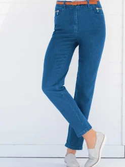 Jean femme coupe droite taille haute poches zippées