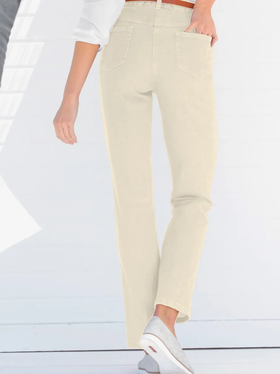 Jean femme coupe droite taille haute poches zippées