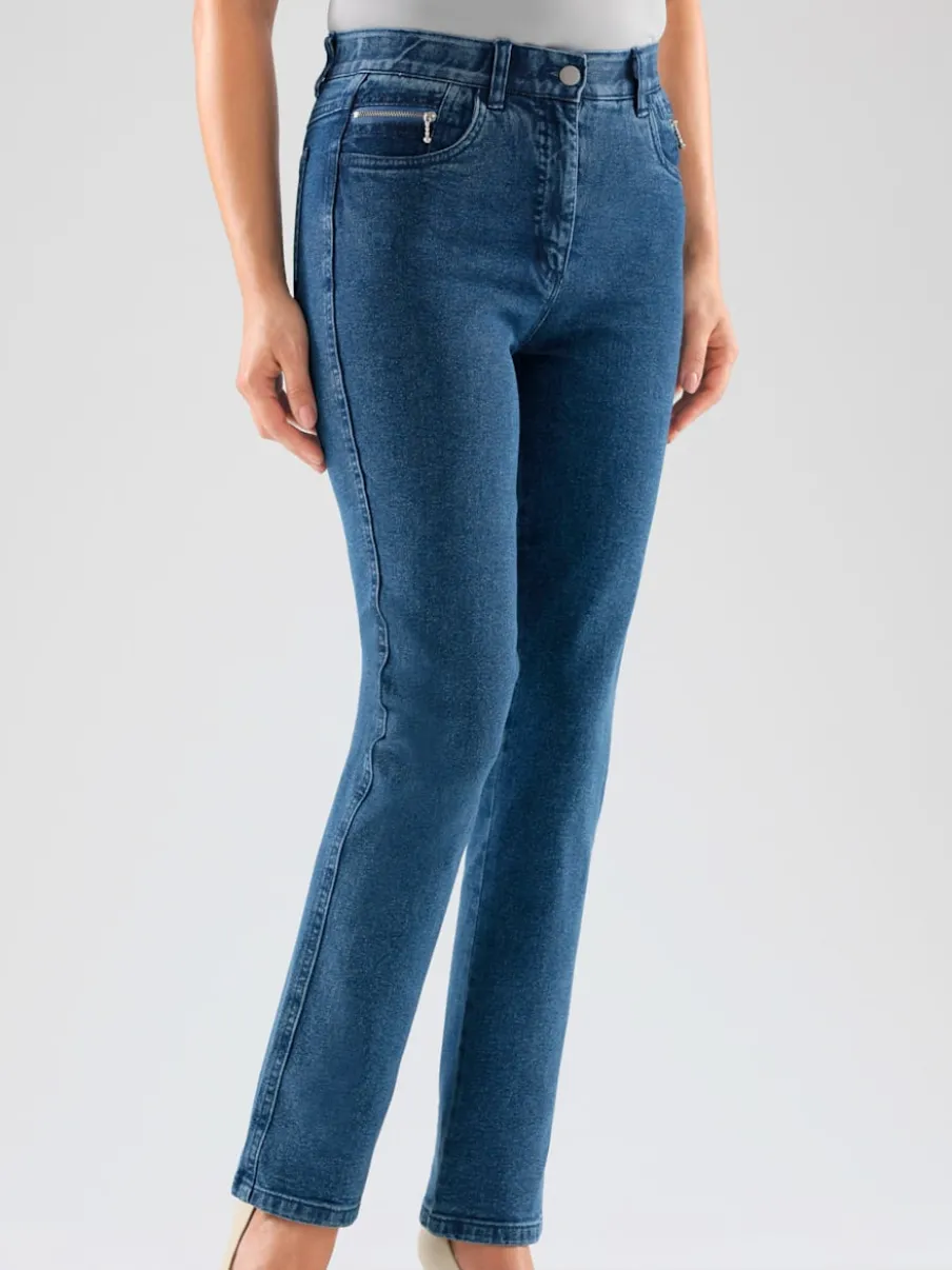 Jean femme coupe droite taille haute poches zippées