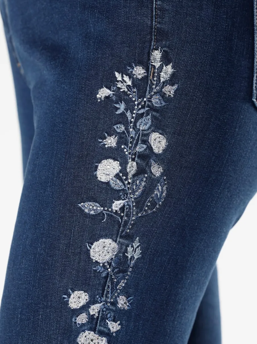 Jean 5 poches avec broderie florale et pierres brillantes