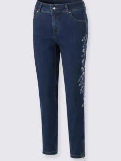 Jean 5 poches avec broderie florale et pierres brillantes