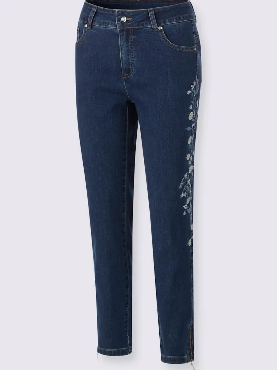 Jean 5 poches avec broderie florale et pierres brillantes