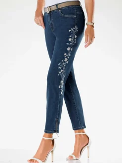 Jean 5 poches avec broderie florale et pierres brillantes