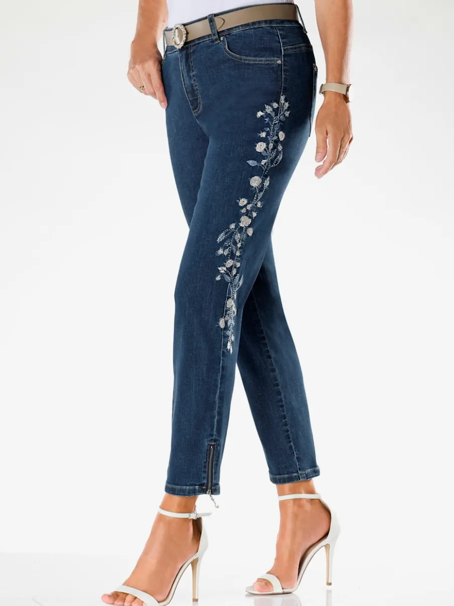 Jean 5 poches avec broderie florale et pierres brillantes