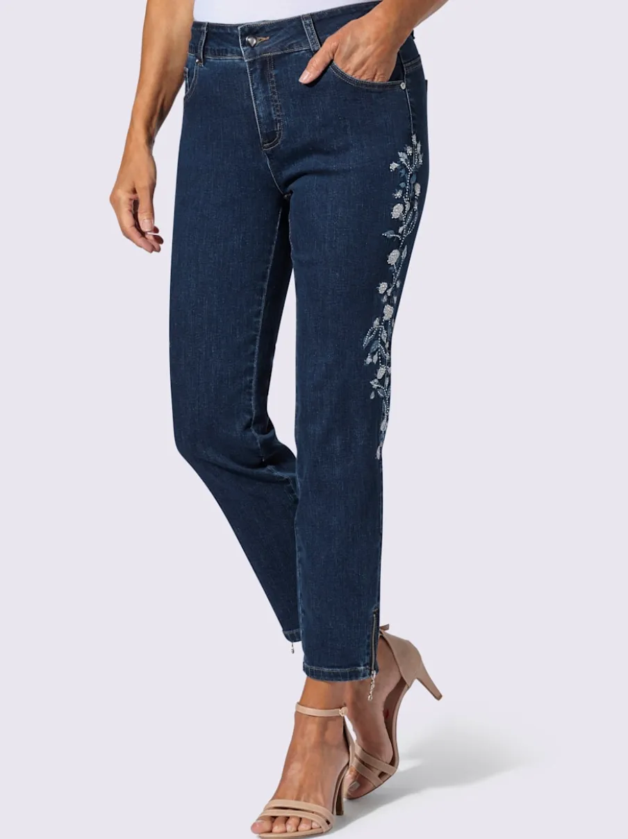 Jean 5 poches avec broderie florale et pierres brillantes