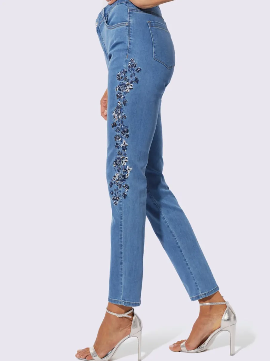 Jean 5 poches en coton avec broderie et pierres brillantes