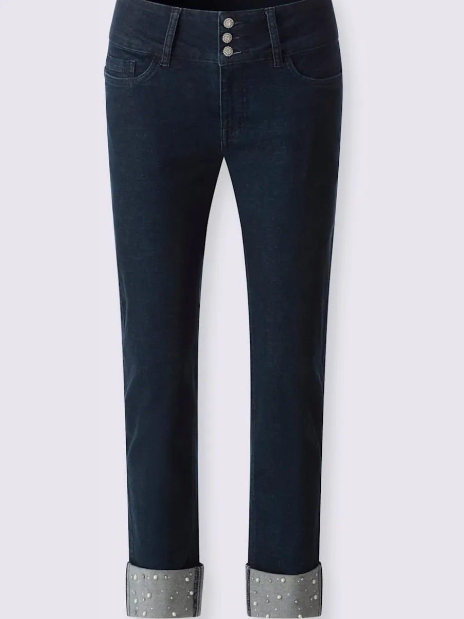 Jean push-up avec revers à perles et pierres décoratives
