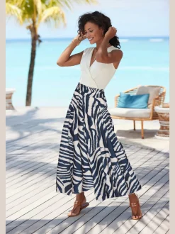 Jupe-culotte à jambes extra-larges avec imprimé zèbre et bord-côte froncé