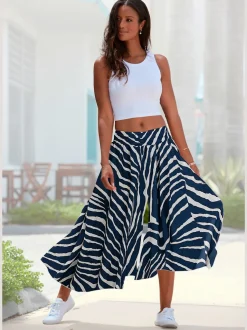 Jupe-culotte à jambes extra-larges avec imprimé zèbre et bord-côte froncé