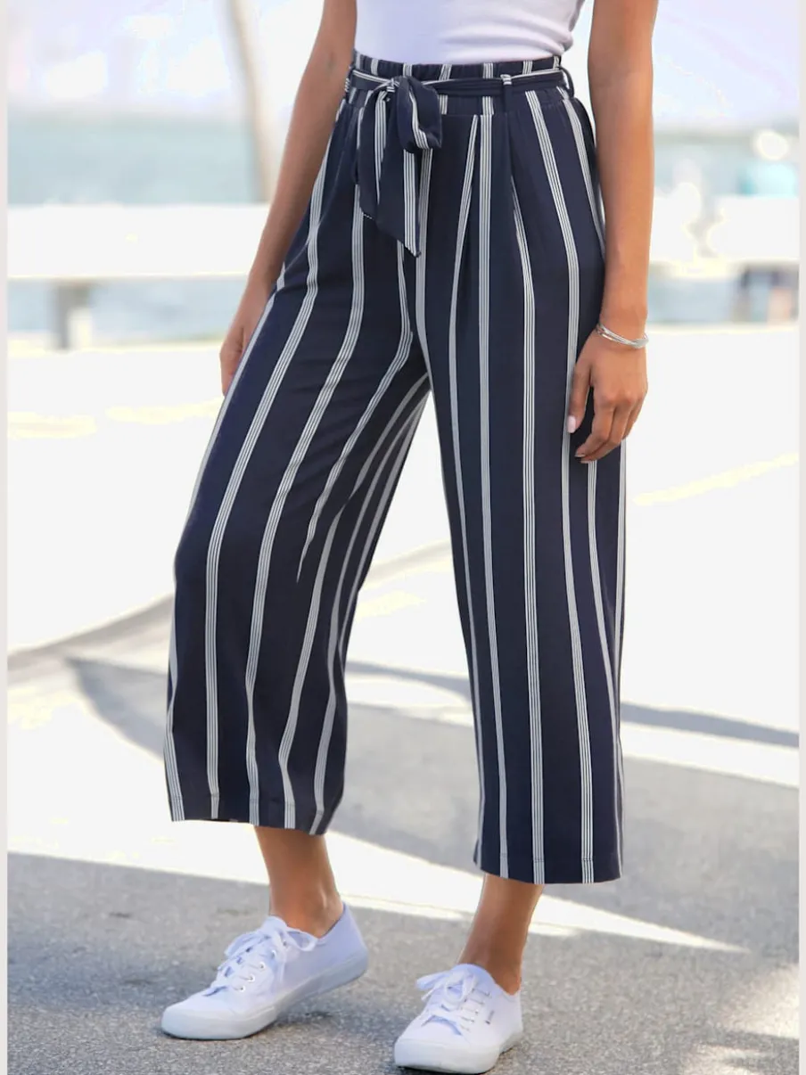 Jupe-culotte rayée avec ceinture à nouer et taille haute