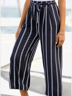 Jupe-culotte rayée avec ceinture à nouer et taille haute