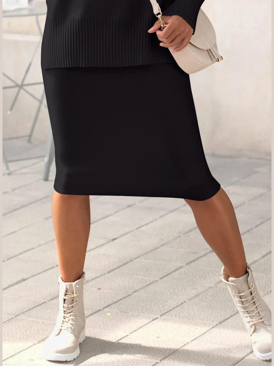 Jupe en tricot midi à bords-côtes avec ceinture élastique