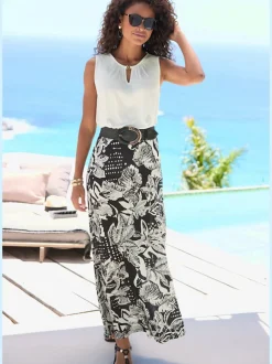 Jupe longue avec large ceinture élastique et impression florale