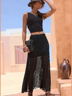 Jupe longue en dentelle avec ceinture élastique douce et doublure