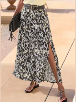 Jupe midi à fente avec imprimé animalier et ceinture structurée