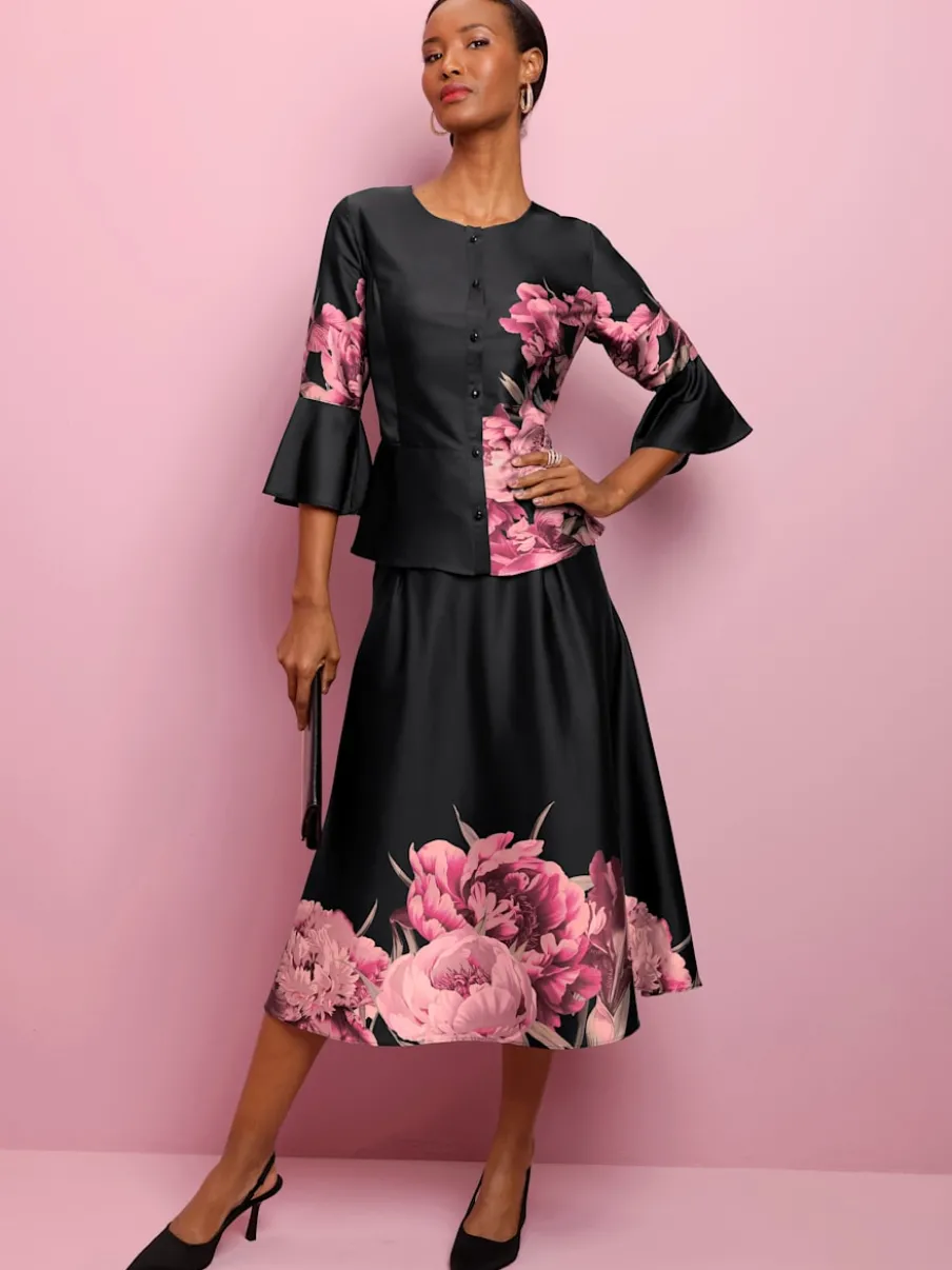 Jupe tissée évasée avec ceinture élastique et bordure florale
