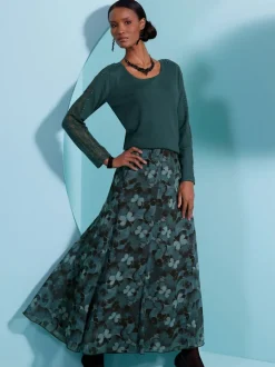 Jupe évasée avec motifs floraux et doublure viscose