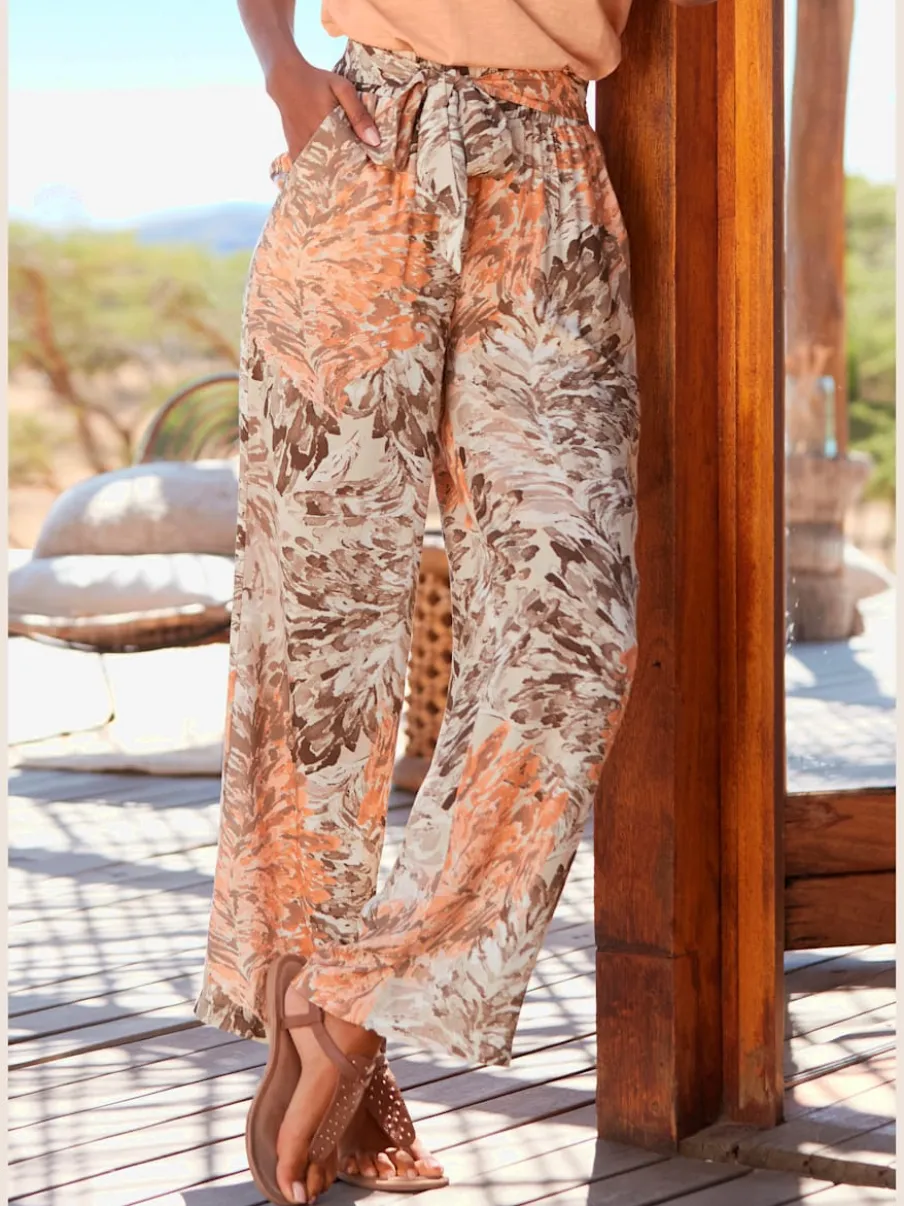 Large pantalon en tissu en viscose avec ceinture élastique et poches