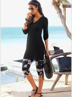 Legging corsaire en jersey avec imprimé floral et ceinture élastique