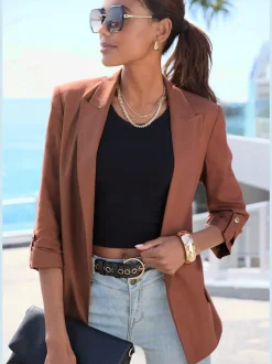Long blazer à fines épaulettes et manches froncées avec doublure douce