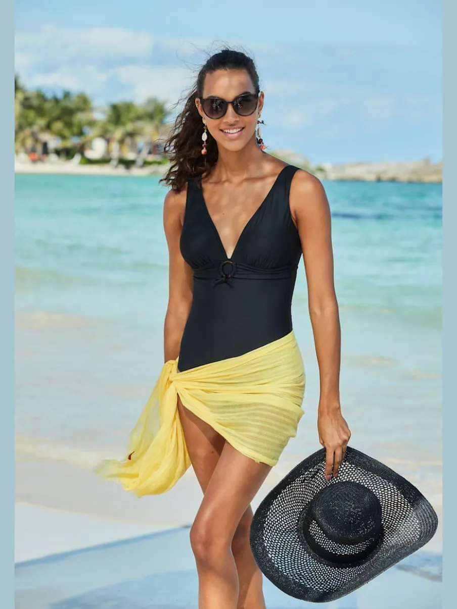 Maillot de bain classique à col V avec bonnets amovibles et ruban