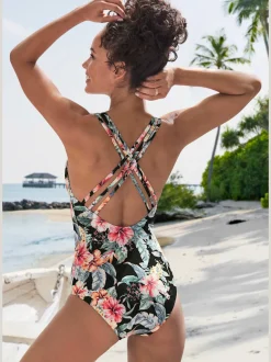 Maillot de bain à imprimé floral avec col V et dos croisées