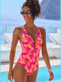Maillot de bain imprimé intégral avec anneau décoratif en or et découpe flatteuse