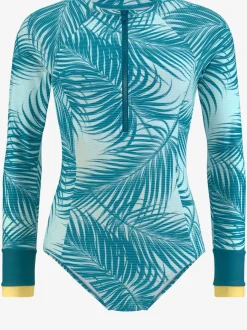 Maillot de bain à imprimé palmiers avec glissière devant et col montant