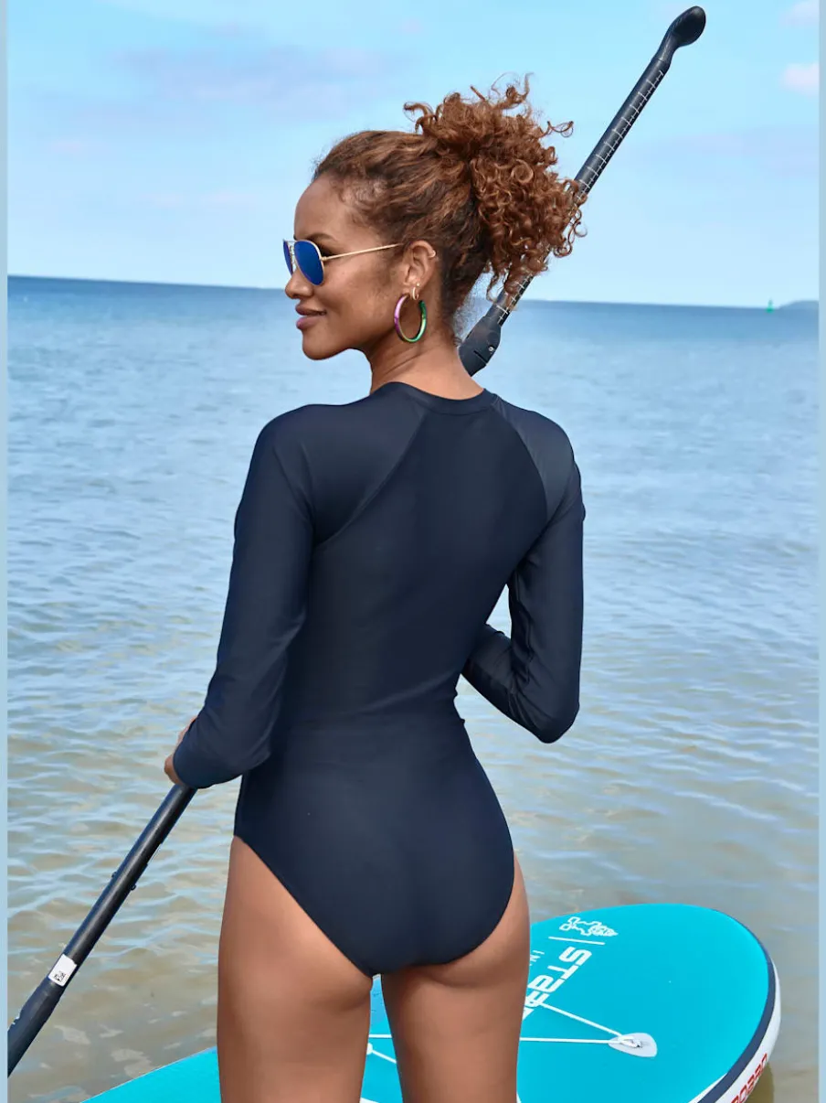 Maillot de bain à manches longues avec glissière et détails contrastés