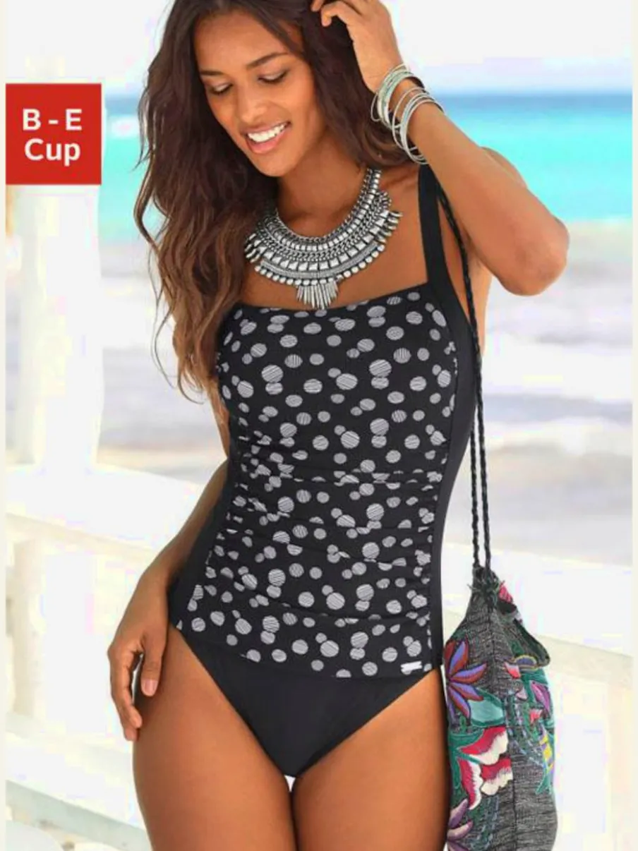 Maillot de bain à pois avec bonnets garnissés et bretelles réglables