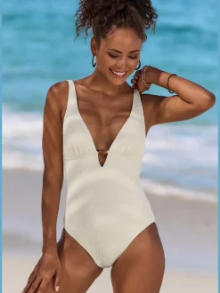 Maillot de bain une pièce à col V avec bonnets amovibles et motif feuilles