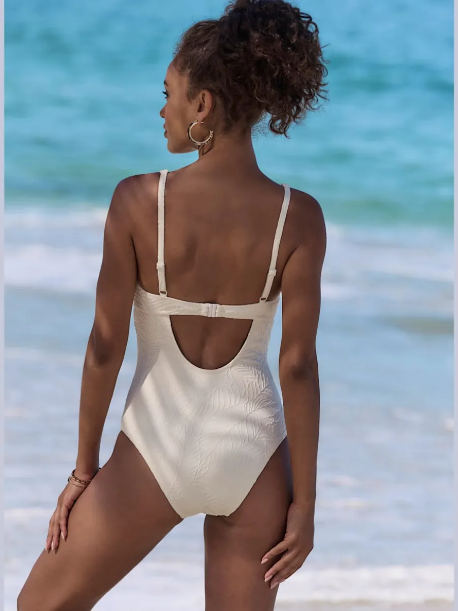 Maillot de bain une pièce à col V avec bonnets amovibles et motif feuilles