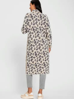 Manteau en tricot à col montant et motifs léopard avec boutons et poches latérales
