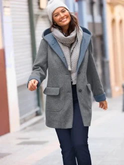 Manteau imitation laine avec capuche et poches plaquées