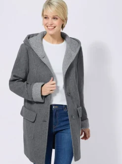 Manteau imitation laine avec capuche et poches plaquées
