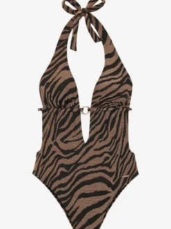 Monokini à col en V avec motifs animaliers et matière structurée brillante