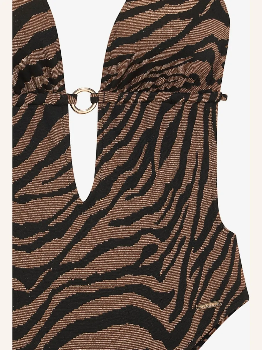 Monokini à col en V avec motifs animaliers et matière structurée brillante