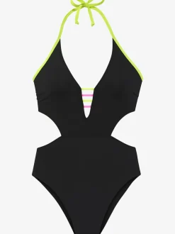 Monokini à col V avec détails fluos contrastés et découpes
