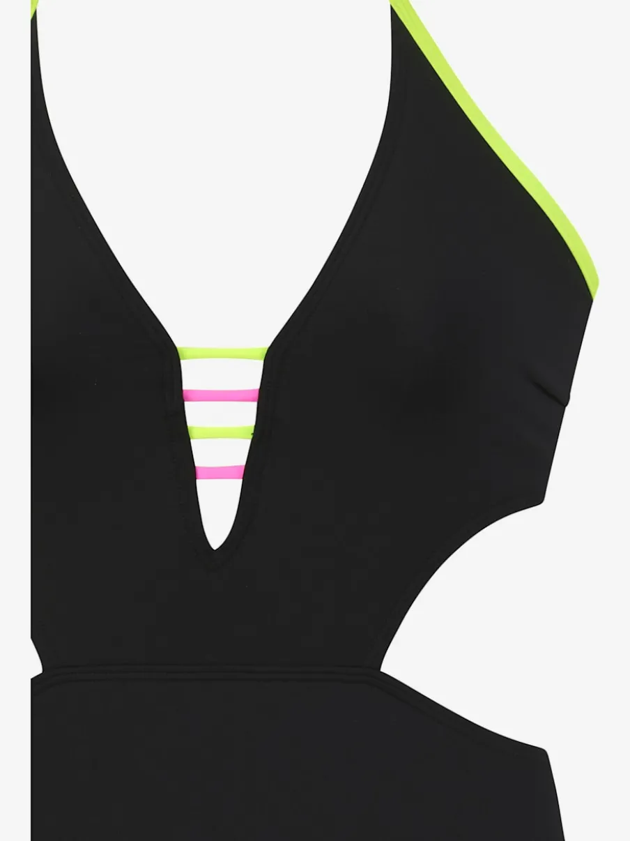Monokini à col V avec détails fluos contrastés et découpes