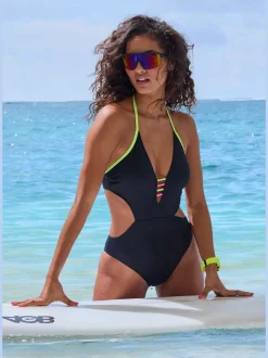 Monokini à col V avec détails fluos contrastés et découpes