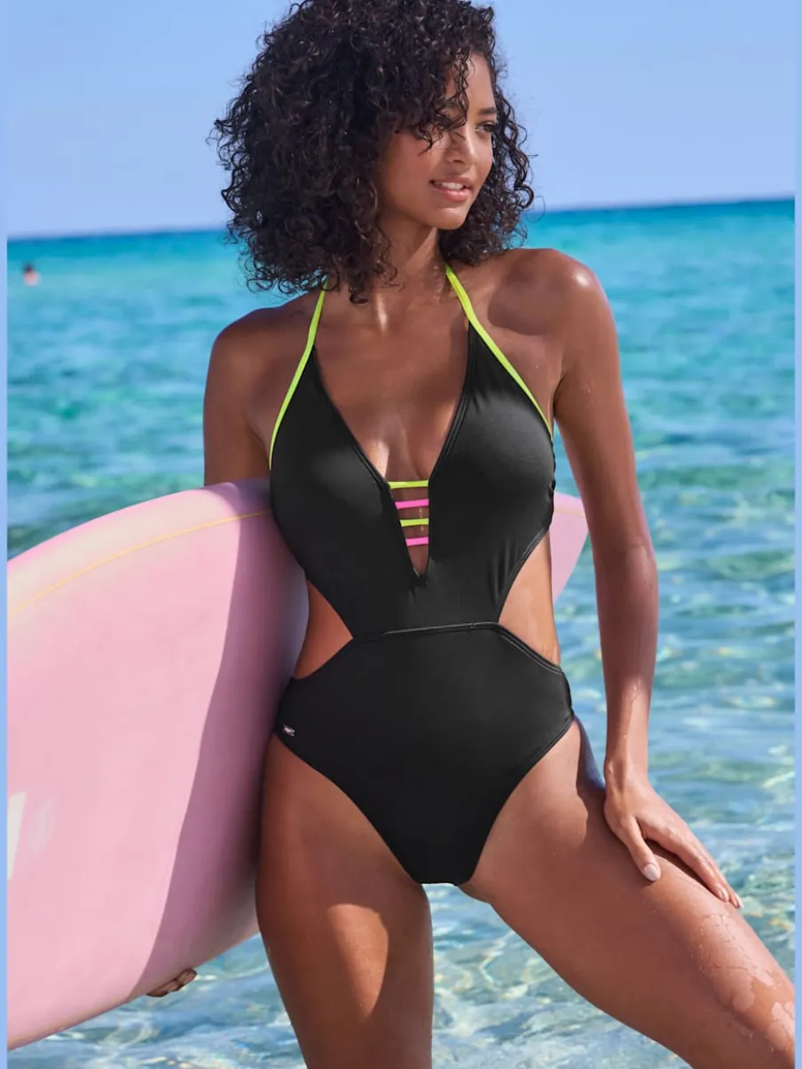 Monokini à col V avec détails fluos contrastés et découpes