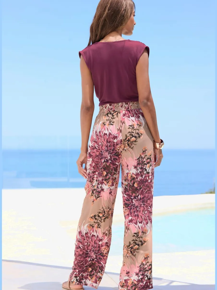 Pantalon à ceinture élastique avec poches latérales imprimé fleuri