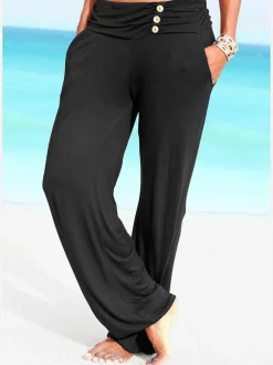 Pantalon de plage à ceinture large avec poches latérales et boutons décoratifs