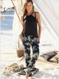 Pantalon de plage à imprimé tropical avec poches fendues