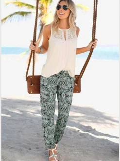 Pantalon de plage léger à imprimé ethnique avec poches latérales