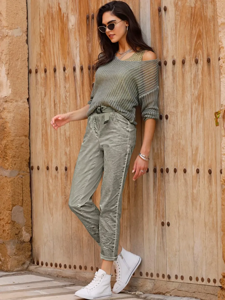 Pantalon délavé à taille élastique avec ceinture et poches