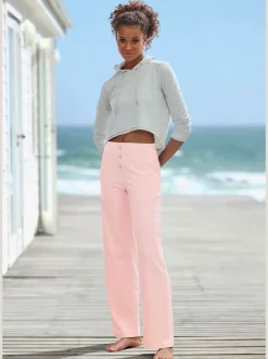 Pantalon détente en matière douce avec jambes droites et patte de boutonnage