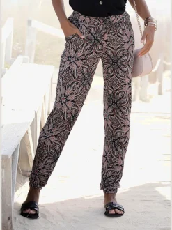 Pantalon d'été imprimé avec ceinture smockée et jambes droites